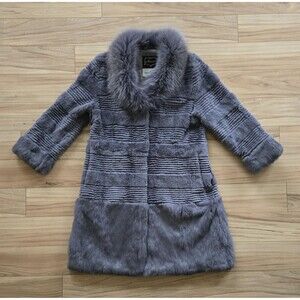 Vintage genuine rabbit fur long coat genuine fox fur collar gray womens L-XL